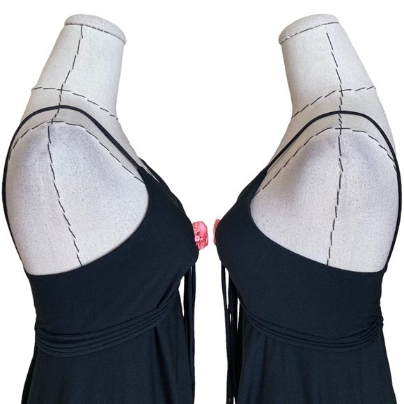 Vintage 70s Black Maxi Dress Poly With Rose Ties Groovy Hippie Hippy Boho - Picture 10 of 12